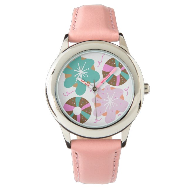 キッズクリスマスドーナツDoodleピンクティール（緑がかった色） 腕時計 (正面)