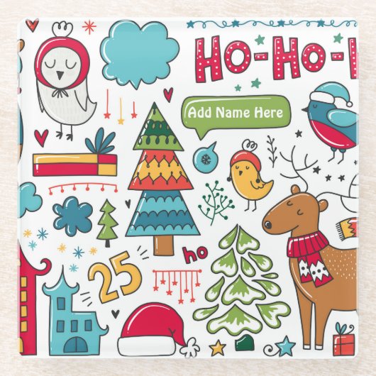 キッズクリパーソナライズされたスマスフォークアートドゥードルデコール ガラスコースター (正面)