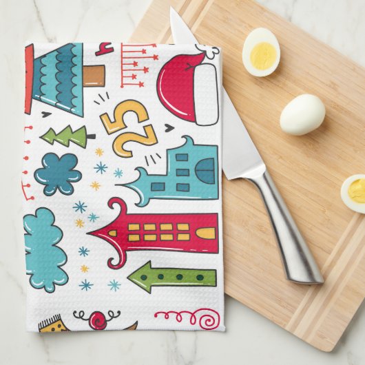 キッズクリパーソナライズされたスマスフォークアートドゥードルデコール キッチンタオル (四つ折り)