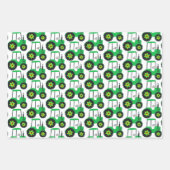 キッズグリーントラクター誕生日ブルーイエローホワイト ラッピングペーパーシート (正面)