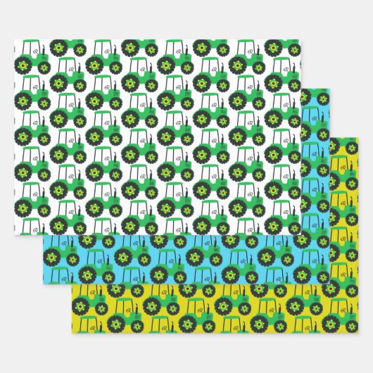 キッズグリーントラクター誕生日ブルーイエローホワイト ラッピングペーパーシート (セット)