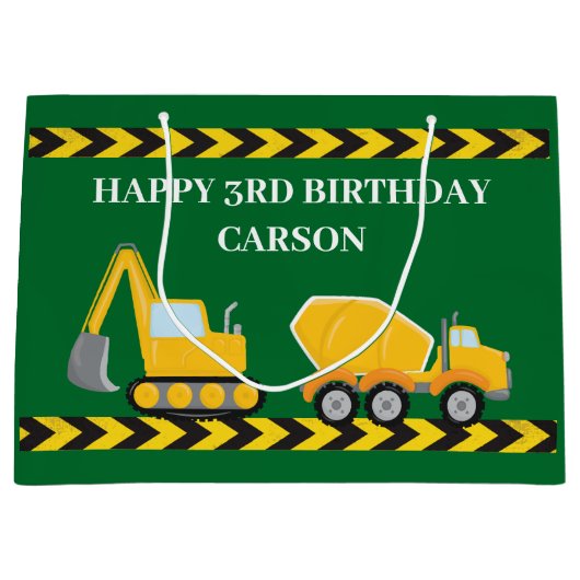 キッズグリーン建築トラックカスタム誕生日 ラージペーパーバッグ (正面)