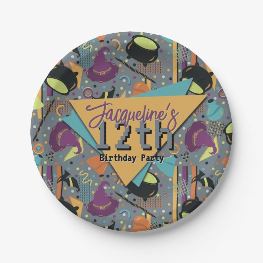 キッズグレーレトロウィッチハロウィーン誕生日 ペーパープレート (正面)