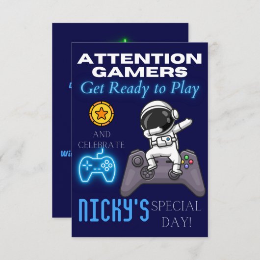 キッズゲーマーをテーマにしたゲーム誕生日招待状 招待状 (正面/裏面)