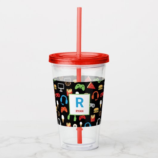 キッズゲーマーパーソナライズされたパターンビデオゲーム食品 アクリルタンブラー (正面)
