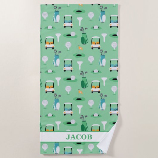 キッズゴルファーパーソナライズされたゴルフカートのゴルフスポーティ ビーチタオル (正面)