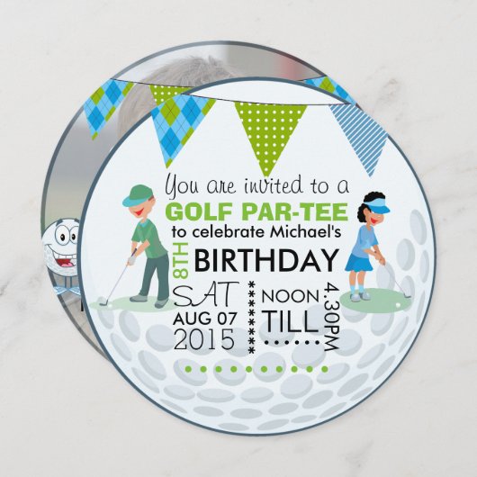 キッズゴルフテーマ誕生日パーティーフォト 招待状 (正面/裏面)