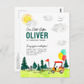 キッズゴルフ誕生日による私たちの小さなゴルファーのカートのスイング ポストカード (正面/裏面)