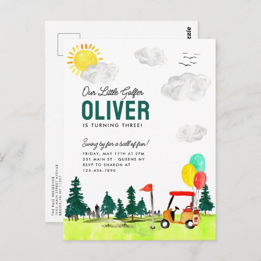 キッズゴルフ誕生日による私たちの小さなゴルファーのカートのスイング ポストカード (正面/裏面)