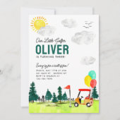 キッズゴルフ誕生日による私たちの小さなゴルファーのカートのスイング 招待状 (正面)