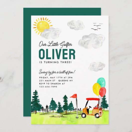 キッズゴルフ誕生日による私たちの小さなゴルファーのカートのスイング 招待状 (正面/裏面)