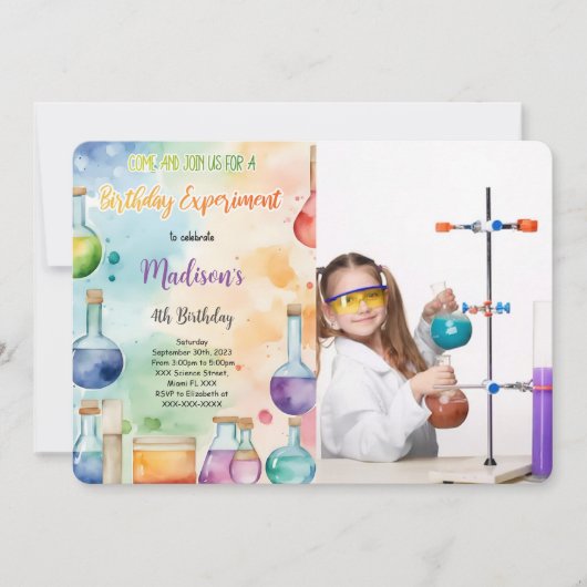 キッズサイエンス誕生日パーティーの写真 招待状 (正面)