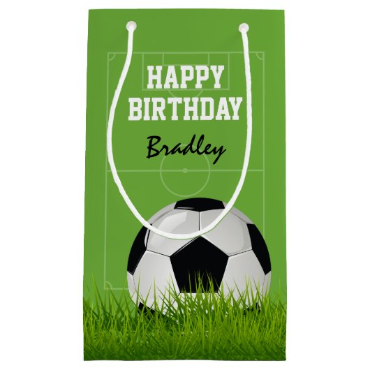 キッズサッカーサッカーハッピーバースデー |パーソナライズされた | スモールペーパーバッグ (正面)