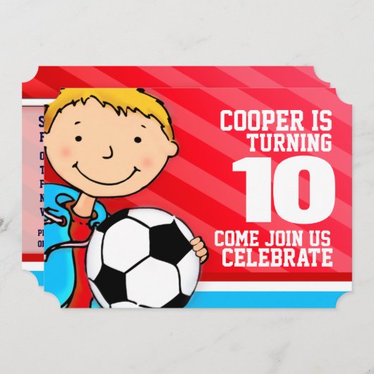 キッズサッカーサッカー10th誕生日レッド招待状 招待状 (正面/裏面)