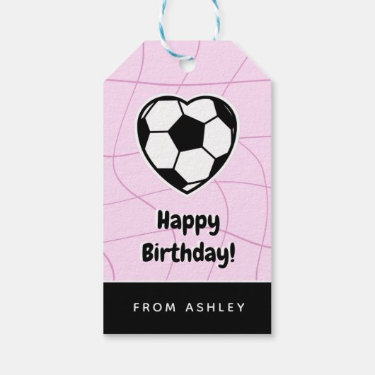 キッズサッカーハート形ボール女子の名前ピンクかわいい ギフトタグ (裏面)