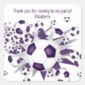 キッズサッカーパーティー紫サッカーボール星 スクエアシール (正面)