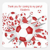 キッズサッカーパーティー赤サッカーボール星 スクエアシール (正面)