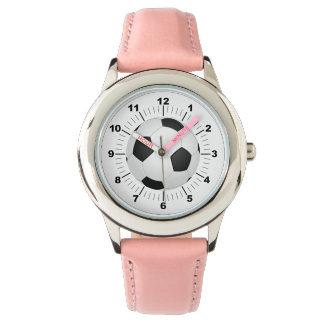 キッズサッカーボールピンクレザーストラップウォッチ 腕時計 (正面)