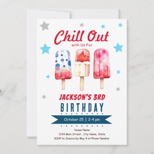 キッズサマーアイスポップ・アートの3歳の誕生日 招待状 (正面)