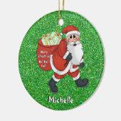 キッズサンタクリスマス写真名グリーンスパークル セラミックオーナメント (左)