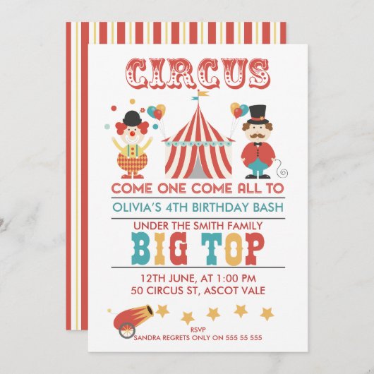 キッズサーカスバースデーパーティーの招待 招待状 (正面/裏面)