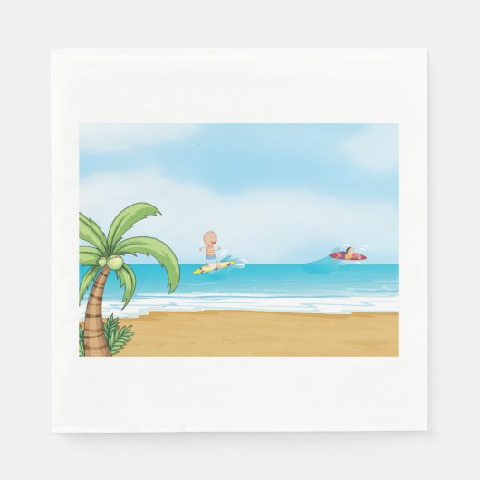 キッズサーフィン熱帯ビーチおもしろい夏海 スタンダードランチョンナプキン (正面)