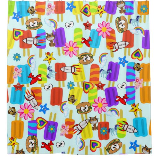 キッズシャワーカーテンアイスクリームハンバーガー宇宙船 シャワーカーテン (正面)