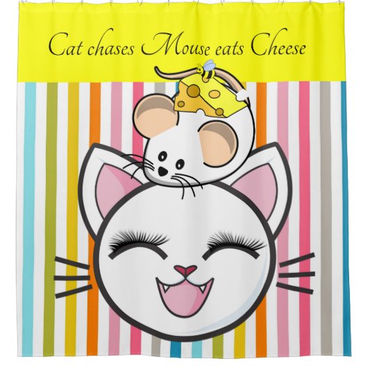 キッズシャワーカーテンストライプキャットマウスチーズ シャワーカーテン (正面)