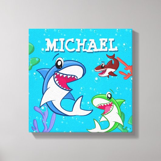 キッズシャークカートゥーン水中ブルーシーライフ海 キャンバスプリント (正面)