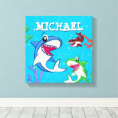 キッズシャークカートゥーン水中ブルーシーライフ海 キャンバスプリント (インサイチュ (ウッドフロア))