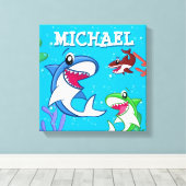 キッズシャークカートゥーン水中ブルーシーライフ海 キャンバスプリント (インサイチュ (ウッドフロア))