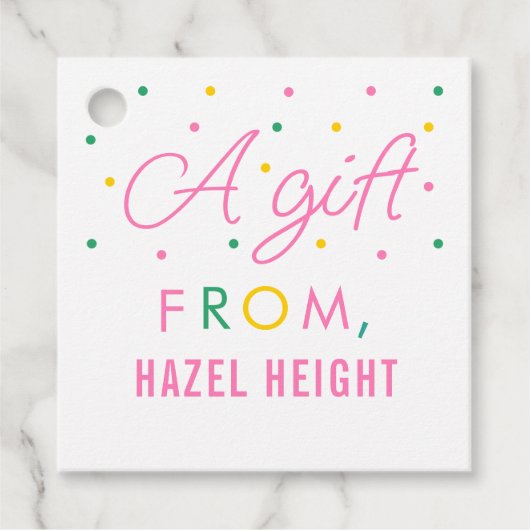 キッズシンプルピンクと緑のギフトパーソナライズされたラベル フェイバータグ (正面)