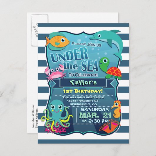 キッズシーカラフルライフ誕生日パーティーへの招待 インビテーションポストカード (正面/裏面)