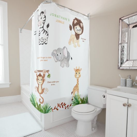 キッズジャングルアニマルおもしろい名前をカスタムするホワイト シャワーカーテン (インサイチュ)