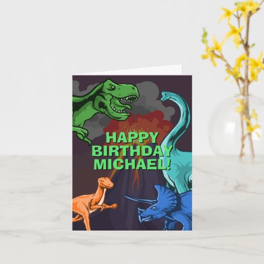 キッズジュラパーソナライズされたシックディノ恐竜誕生日 カード (黄色い花)