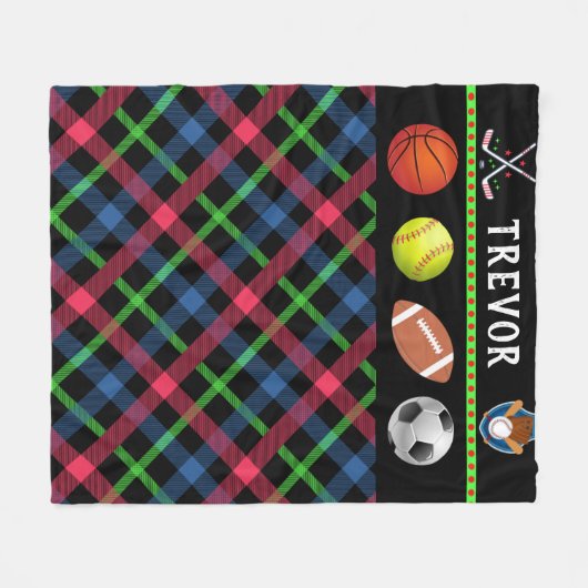 キッズスすごいポーツタータンチェックパーソナライズされた フリースブランケット (正面(横))