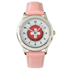 キッズスイス国旗ピンクレザーストラップウォッチ 腕時計