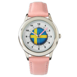 キッズスウェーデン国旗ピンクレザーストラップウォッチ 腕時計