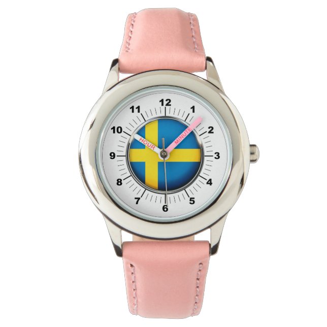 キッズスウェーデン国旗ピンクレザーストラップウォッチ 腕時計 (正面)