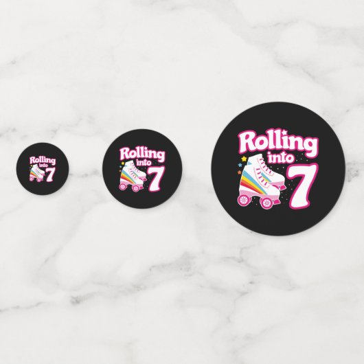 キッズスケートパーティー- 7誕生日 – ローラースケートで滑る コンフェッティ (正面)