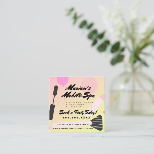 キッズスパバスパーティーレンタルグラデーションピンクイエロー スクエア名刺 (スタンド正面)