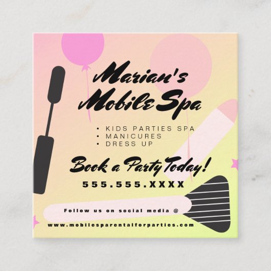 キッズスパバスパーティーレンタルグラデーションピンクイエロー スクエア名刺 (正面)