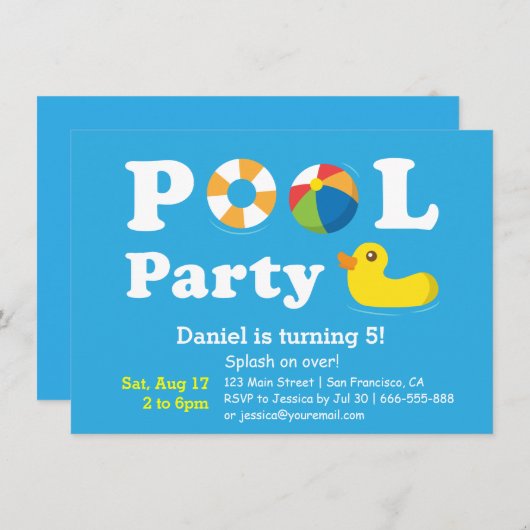 キッズスプカラフルラッシュ誕生日バックヤードプールパーティー 招待状 (正面/裏面)