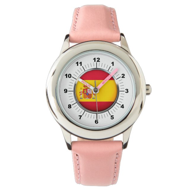 キッズスペイン国旗ピンクレザーストラップウォッチ 腕時計 (正面)