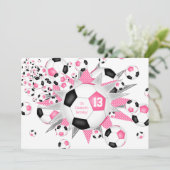 キッズスポーツバースデーピンクブラックサッカーボールのパンク 案内状 (スタンド正面)