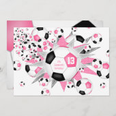 キッズスポーツバースデーピンクブラックサッカーボールのパンク 案内状 (正面/裏面)