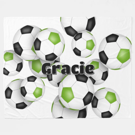 キッズスポーツルーム明るい緑の黒いサッカーボール フリースブランケット (正面(横))