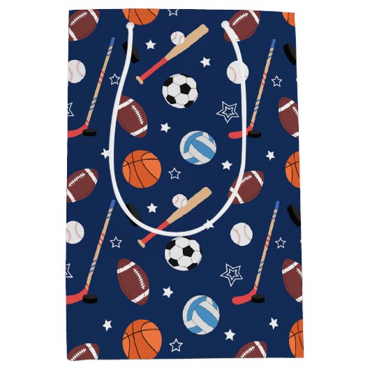 キッズスポーツ機器のパターン(青い誕生日) ミディアムペーパーバッグ (正面)