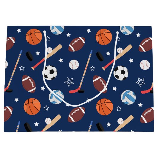 キッズスポーツ機器のパターン(青い誕生日) ラージペーパーバッグ (正面)