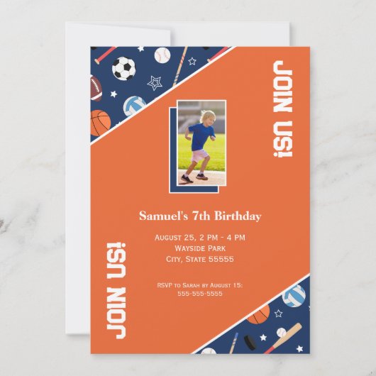 キッズスポーツ機器パターンフォトバースデーパーティー 招待状 (正面)